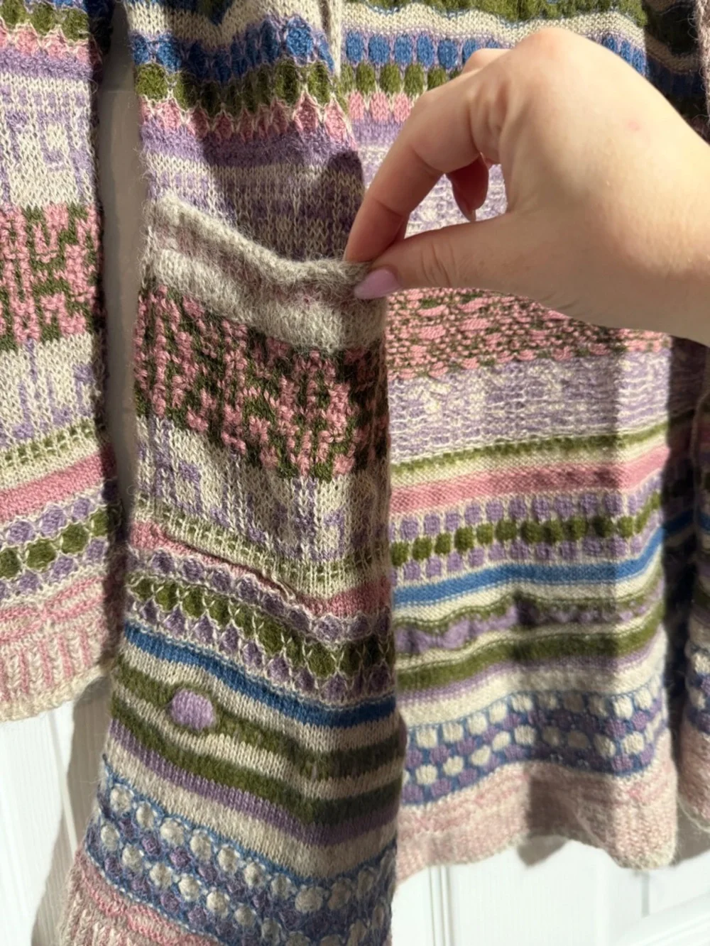 Women's Patterned Long Cardigan Sweater‎ -Multi Color Alpaca Blend @SOL Small